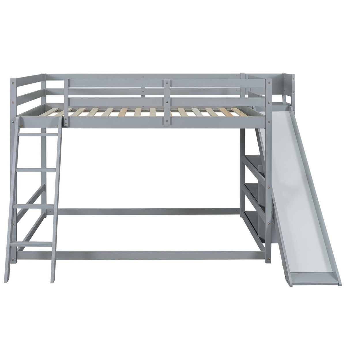 Bunk Bed With Ladder, Slide, and Shelves - Pine Wood, Full Over Full