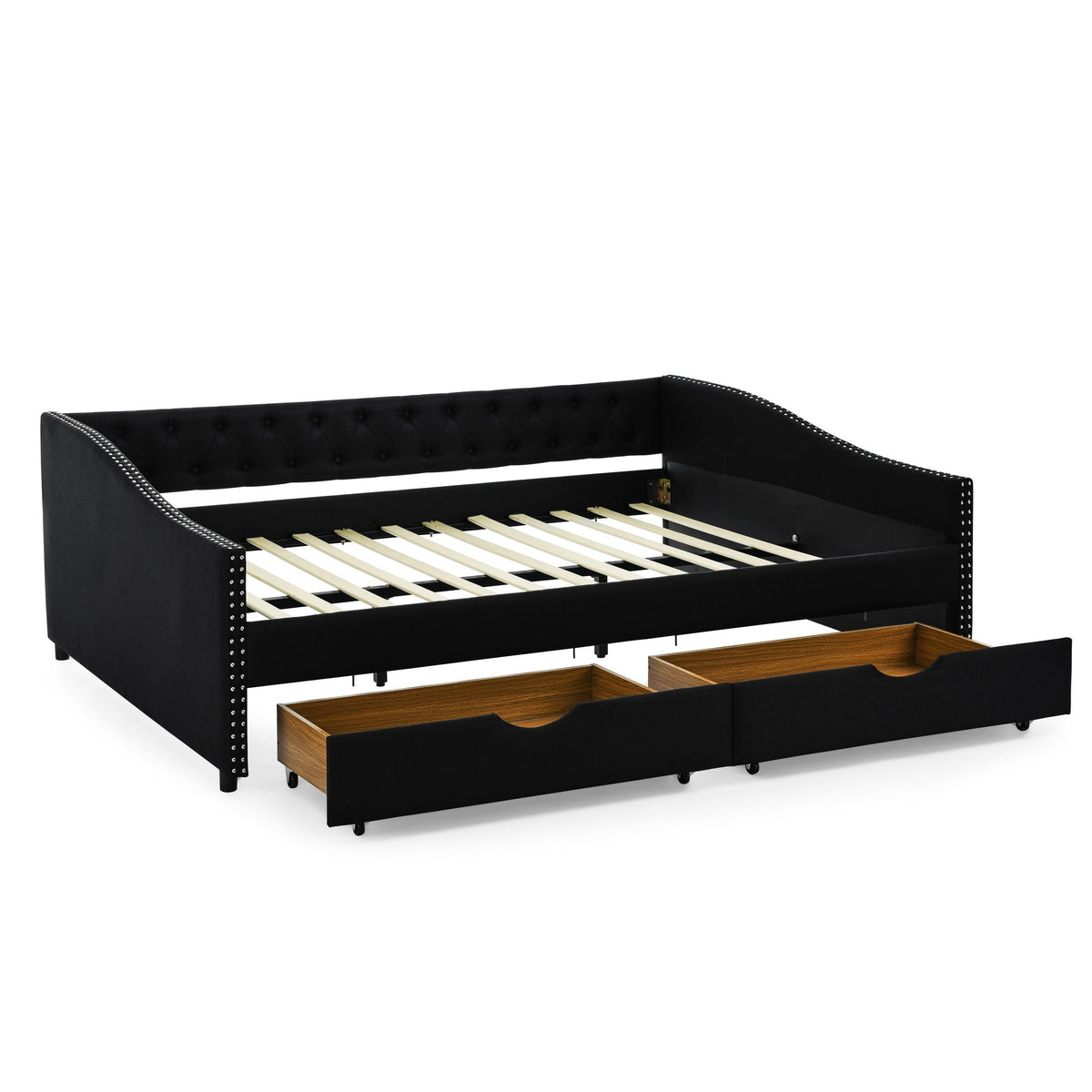 Upholstered Tufted Daybed with 2 Drawers and Waved Arms - Multiple Colors