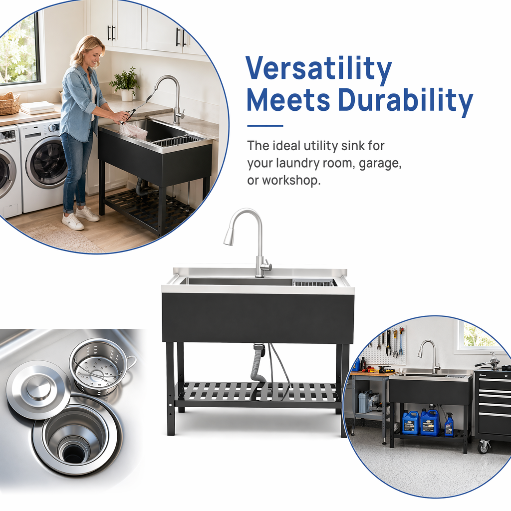 Stainless Steel Utility Sink with Pull-Out Faucet - Silver & Black