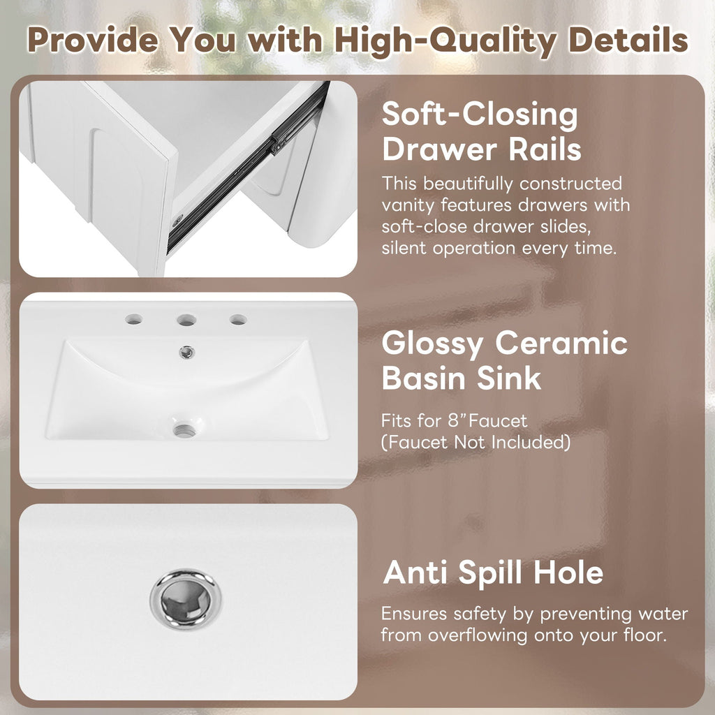 Floating Bathroom Vanity with Soft Close Drawer Slides – White or Black