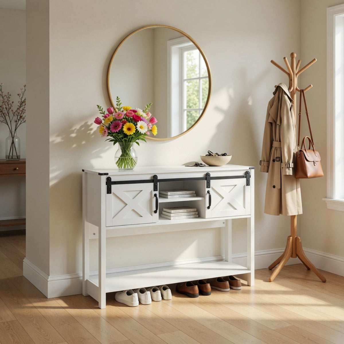 Farmhouse Entryway Table with Sliding Barn Door - Gray, Dark Gray, White, Black