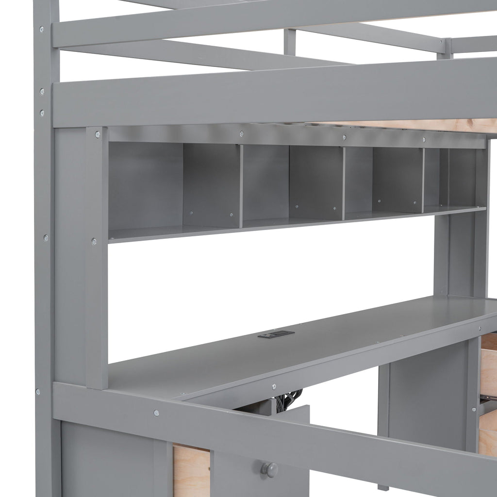 Loft Bed with Desk, Cabinets, Drawers and Charging Station - Full Size