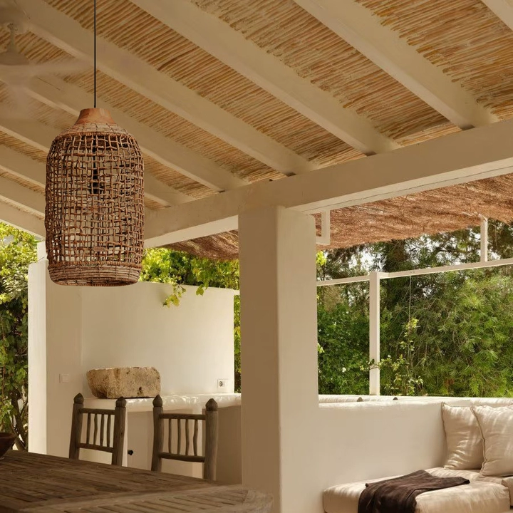 Open-Weave Cylindrical Pendant – Handwoven Organic Rattan Shade