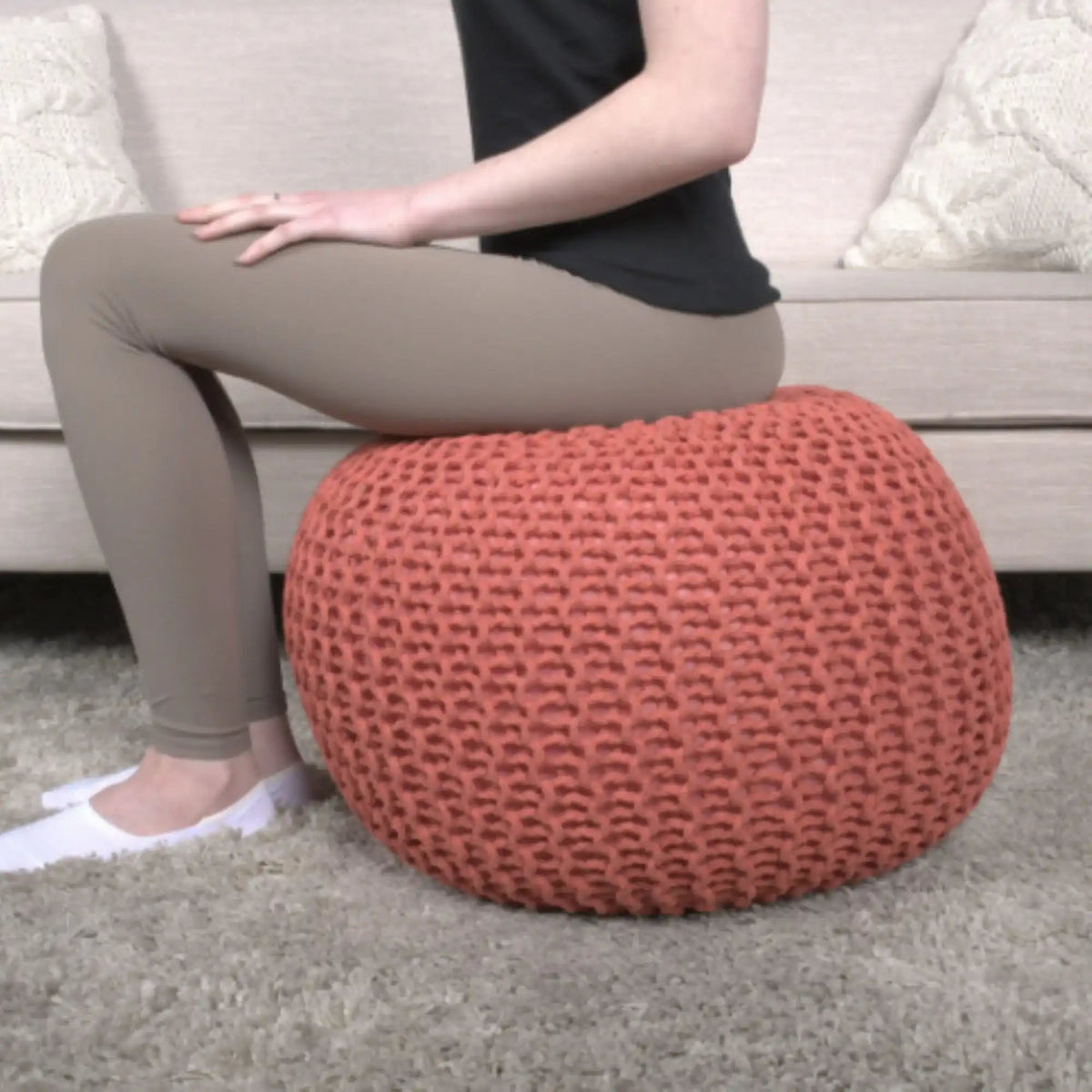 Knitted Cotton Round Pouf Ottoman with Polystyrene Fill - Blue, Dark Red, Yellow