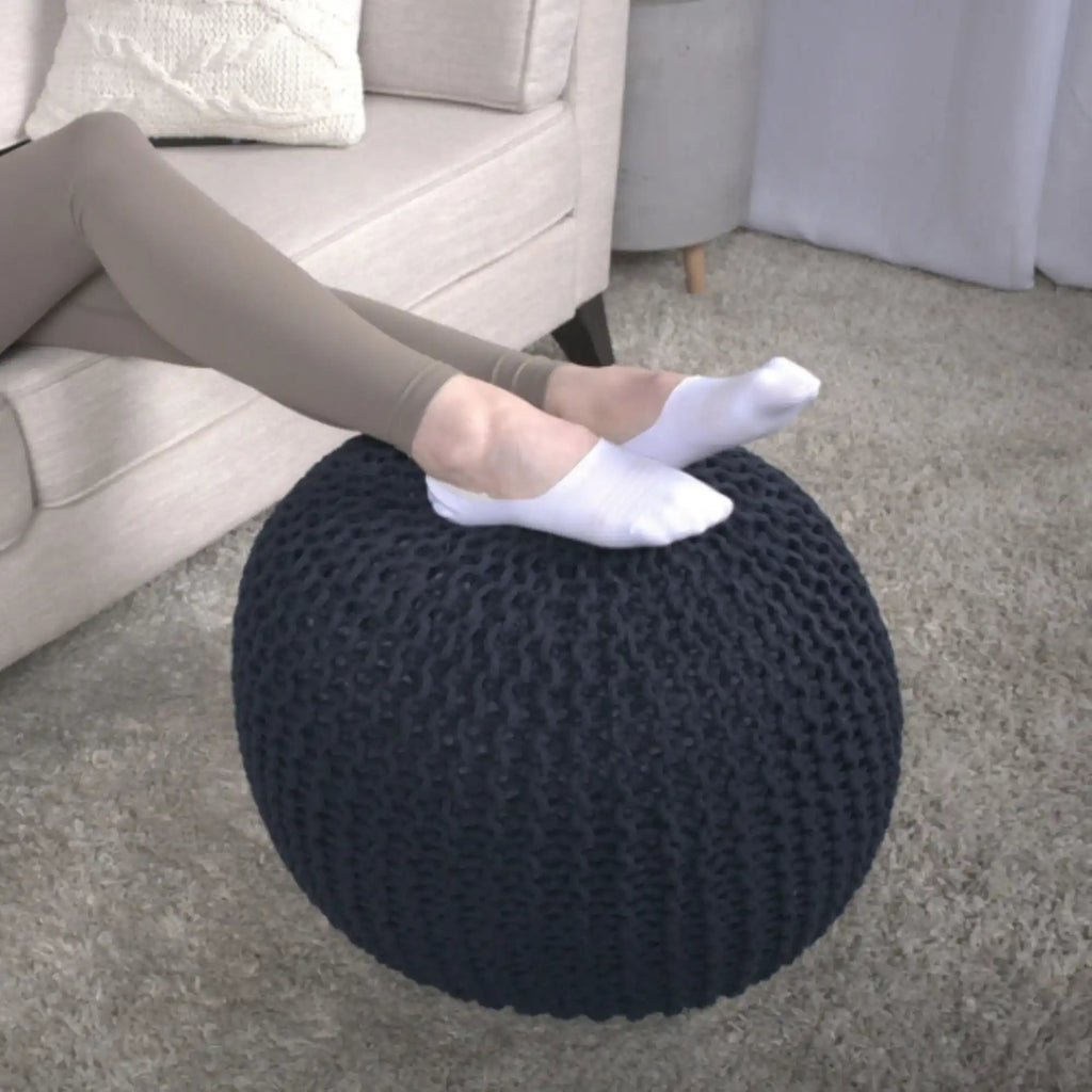 Knitted Cotton Round Pouf Ottoman with Polystyrene Fill - Blue, Dark Red, Yellow