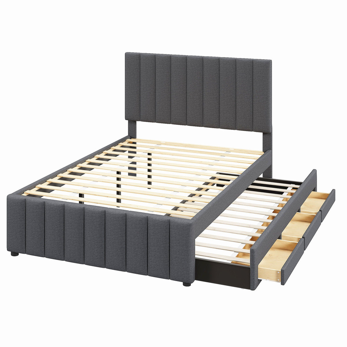 Upholstered Platform Bed with Twin Size Trundle and 3 Drawers - Beige, Full