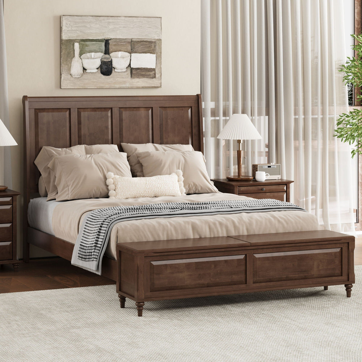 Sleigh Bed Frame with Tall Headboard and Storage Bench - Dark or Light Brown