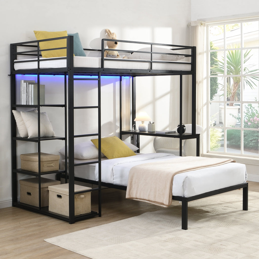 Metal Loft Bed Frame with LED Light Strip, Desk & Storage Shelves - Twin Size