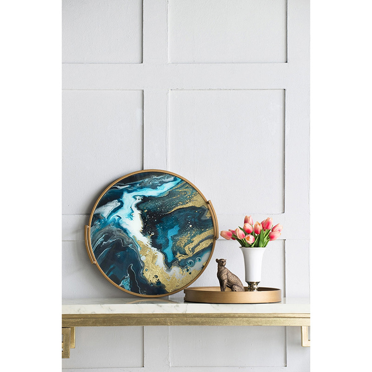 Round Accent Mirrored Tray with Handles - Blue & Gold