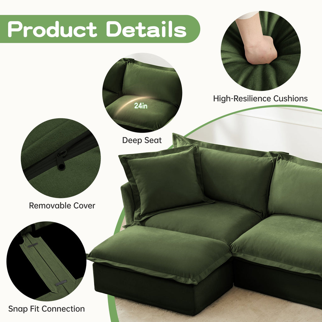 Slipcovered Sectional 2 Seater Sofa with Convertible Ottoman