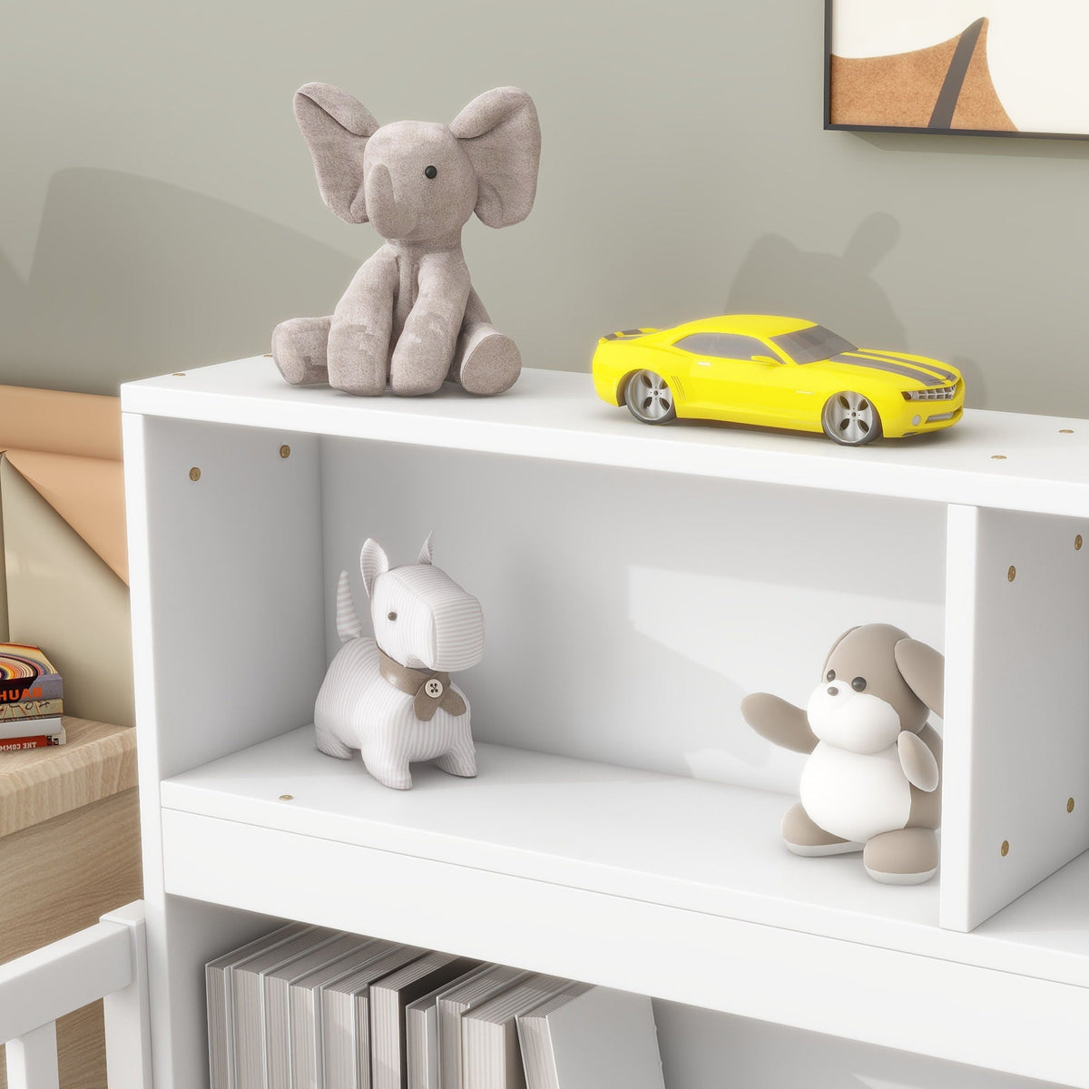 Twin Storage Bed with Bedside Bookcase and Guardrails - Gray or White