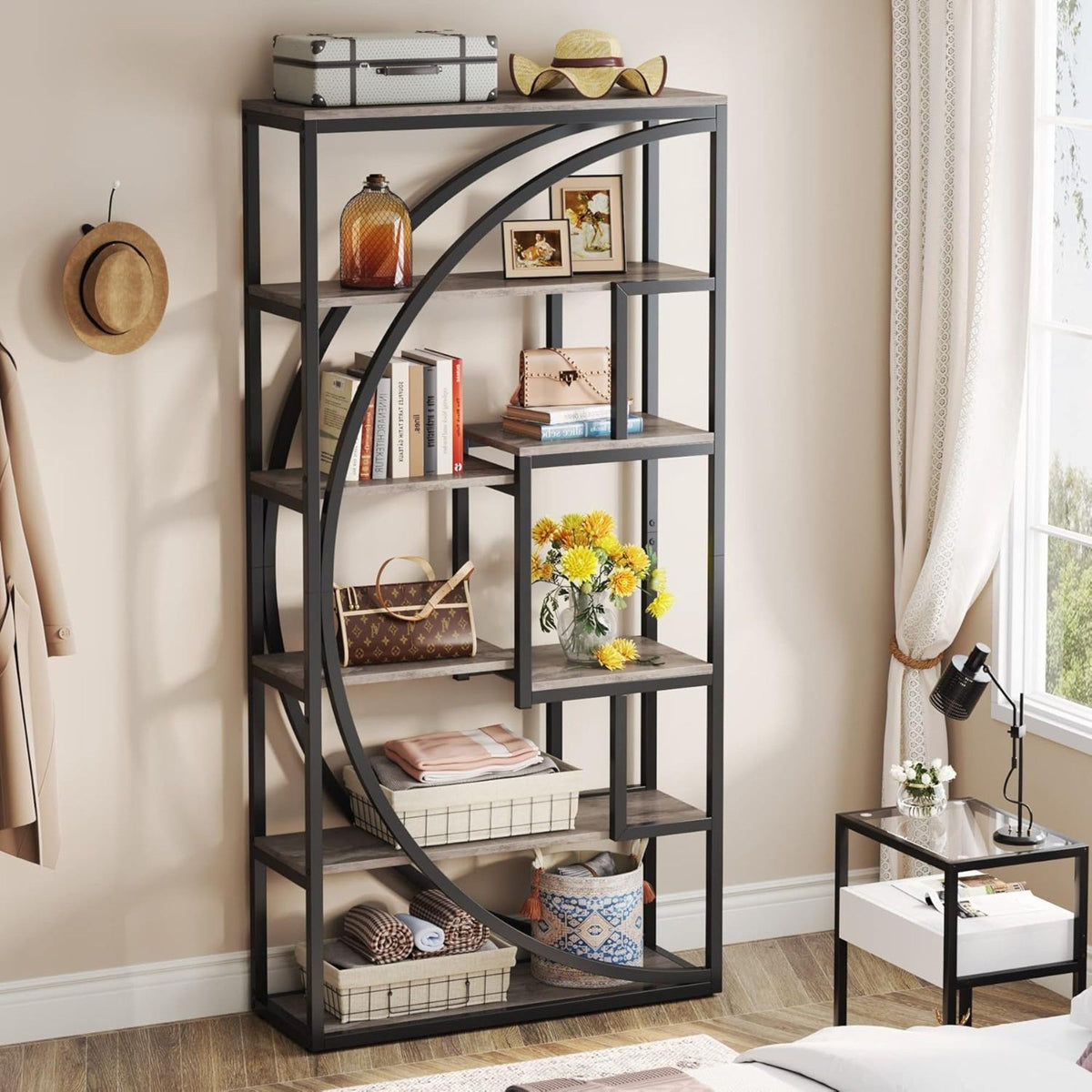 5 Tier Etagere Bookshelf with 8 Open Shelves - Dark Brown or Dark Gray