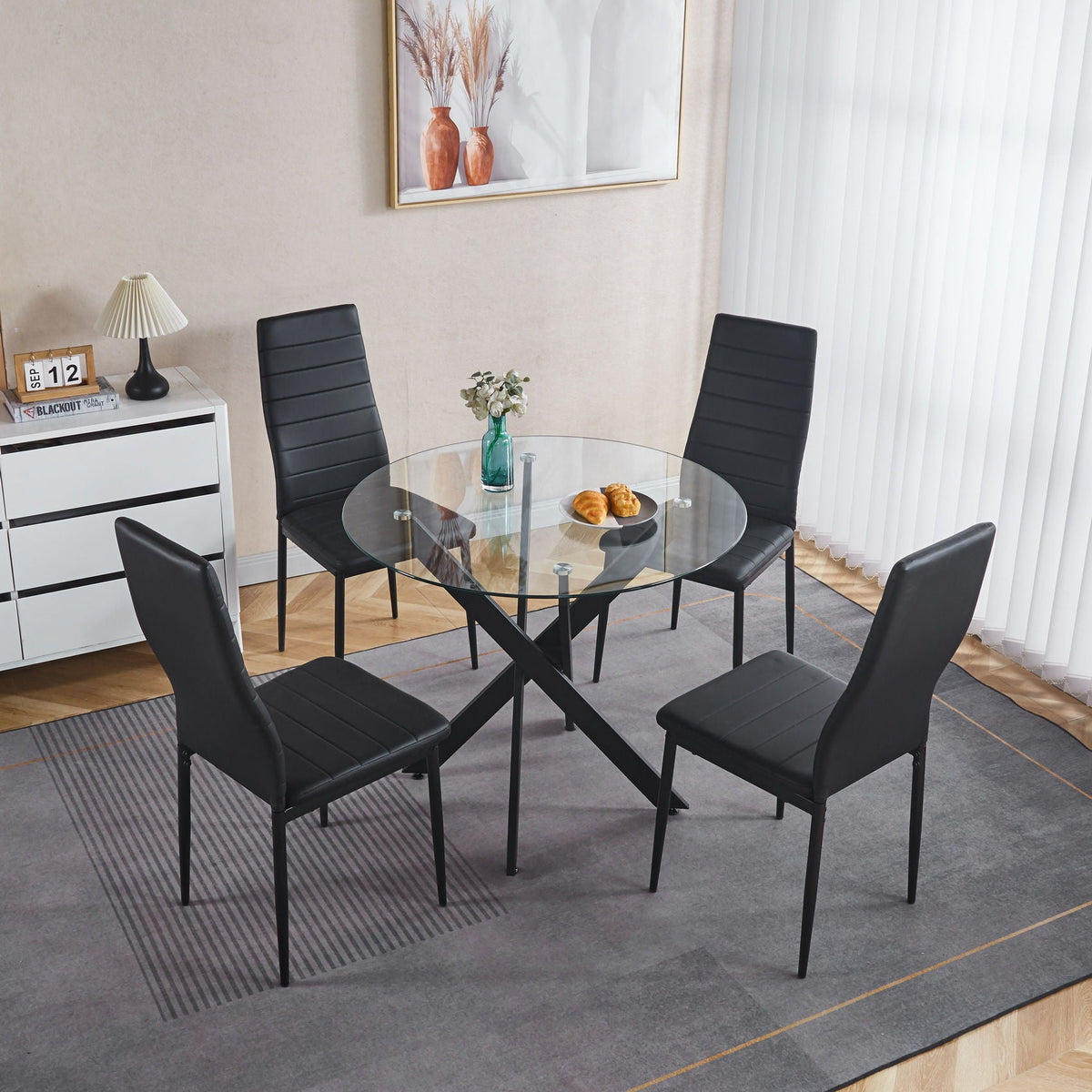 Dining Table With Cross Metal Leg And Tempered Glass
