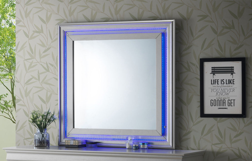 Elegant Transitional LED Mirror with Croc Textured Frame - Pearl Silver or Gray