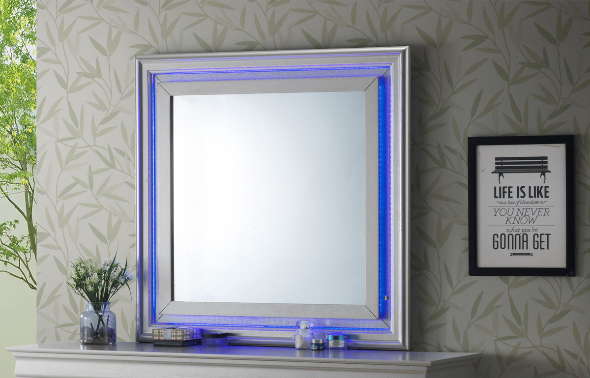 Elegant Transitional LED Mirror with Croc Textured Frame - Pearl Silver or Gray