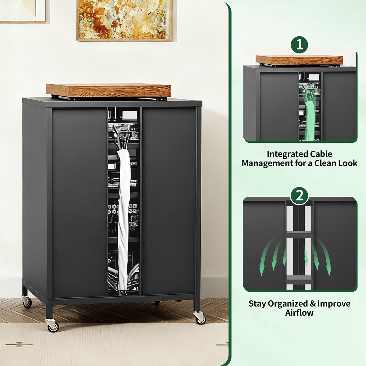 Media Storage Cabinet with Wheels and Adjustable Glass Shelves - Black