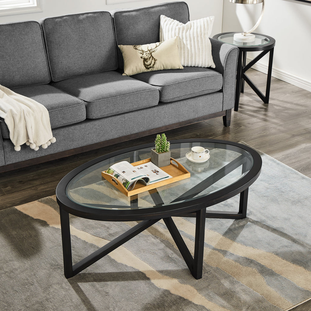 Modern Glass Coffee Table with Solid Wood Base - Clear/Light Wood