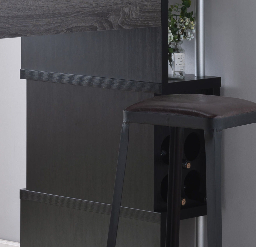 Distressed Gray/Black Home Bar Table with Wine Glass Compartment and Three Shelves