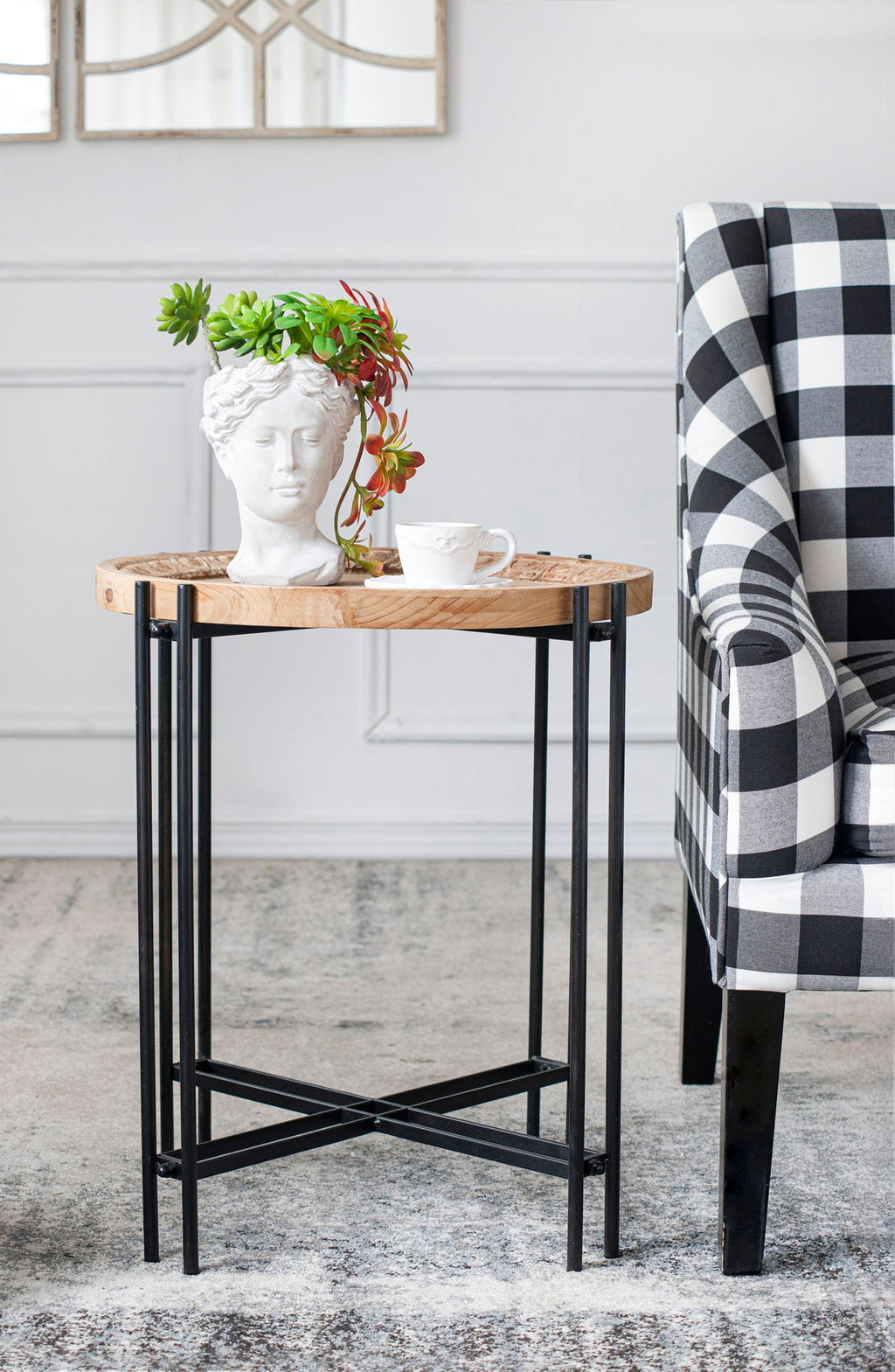 Round Side Table With Wood Top - Black Brown