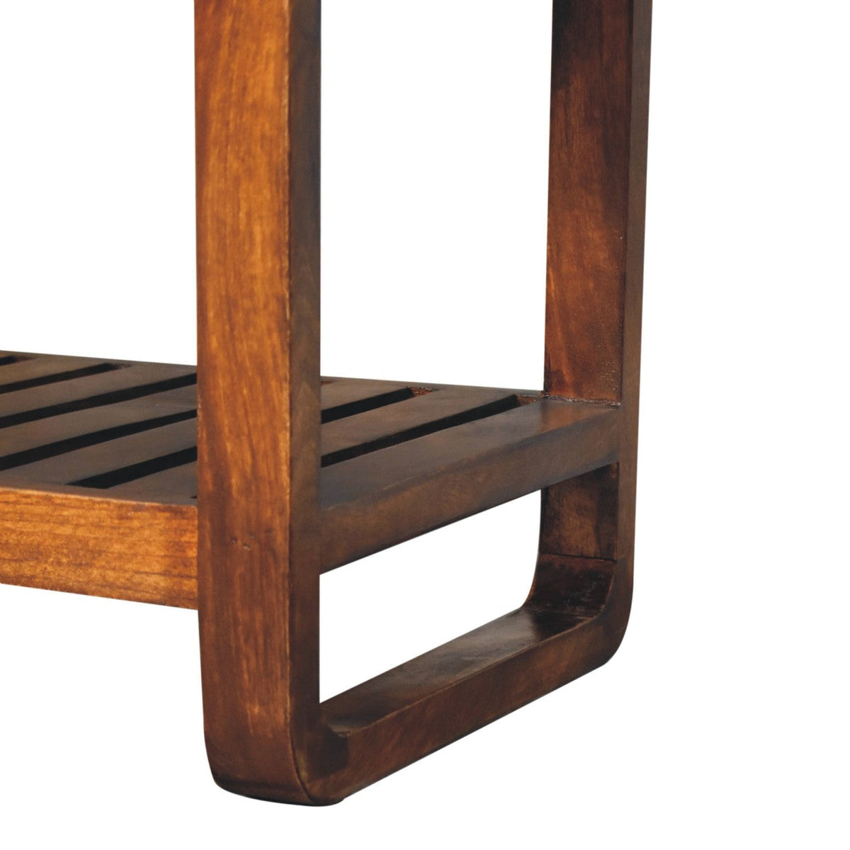 Solid Wood Slatted Bench with Leather Upholstery and Open Storage - Chestnut