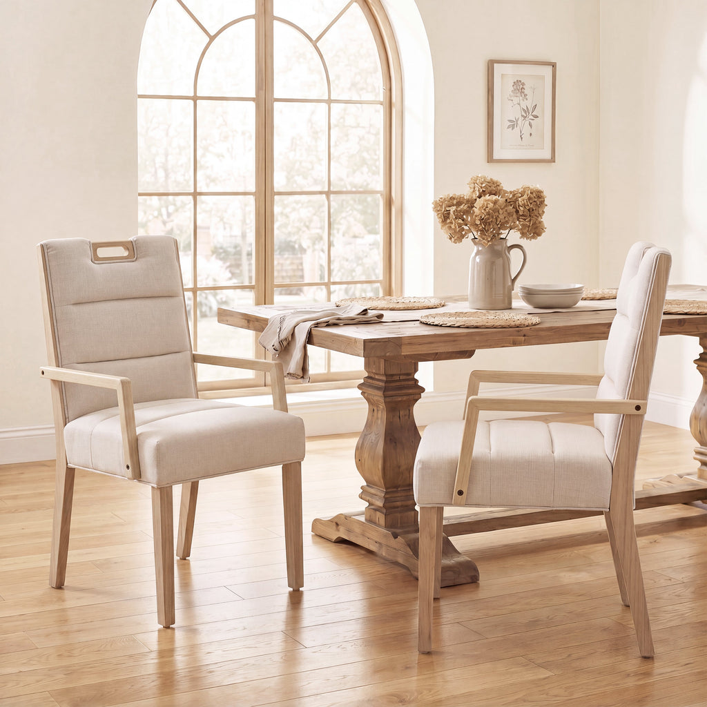 Upholstered Dining Chairs with Armrests - Fabric & Rubber Wood - Beige/Natural