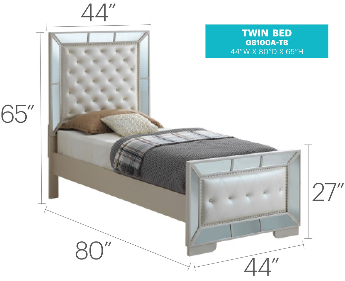 Contemporary Panel Bed with Mirrored Accents - Beige or Pearl Silver