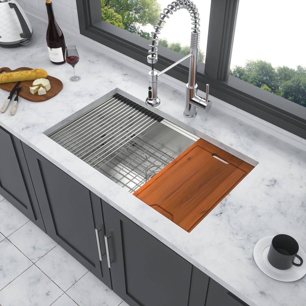 Black Single Bowl Undermount Workstation Kitchen Sink with Accessories