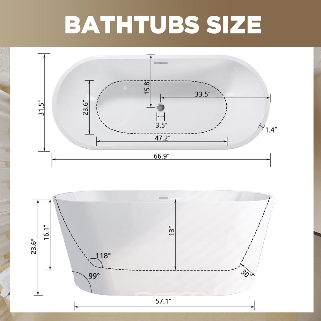 Glossy Freestanding Bathtub with Toe Tap Drain - Multiple Sizes, White or Black