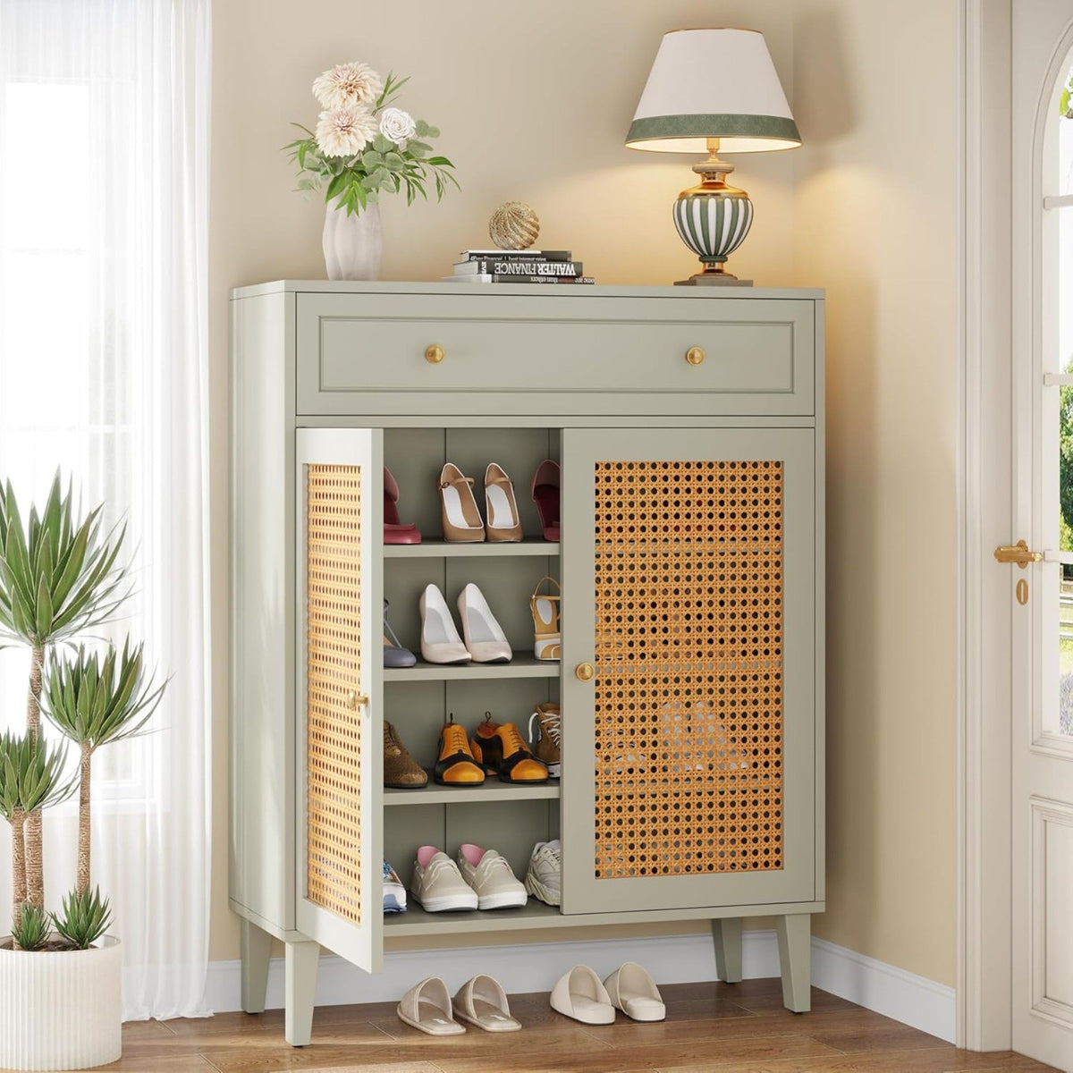Mint Green Shoe Cabinet With Rattan Doors and Drawer - 4 Tier Storage Organizer