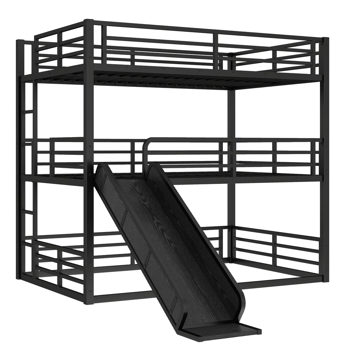 Full Over Full Over Full Bunk Bed with Slide and Guardrails - Metal