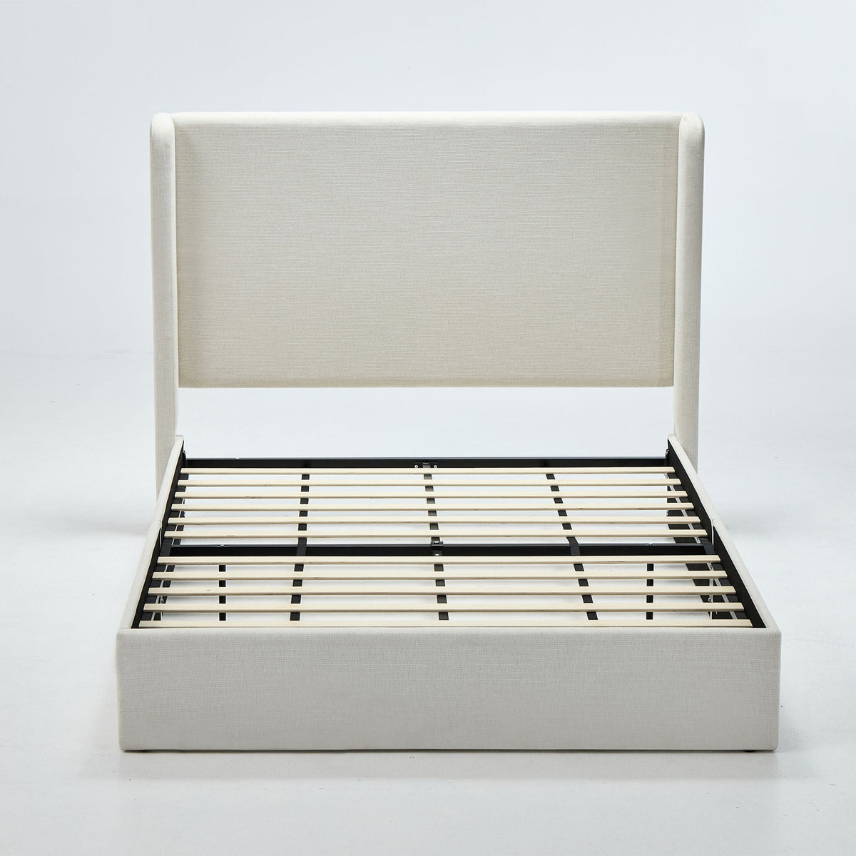 Minimalist Upholstered Wingback Bed Frame with High Headboard - Beige