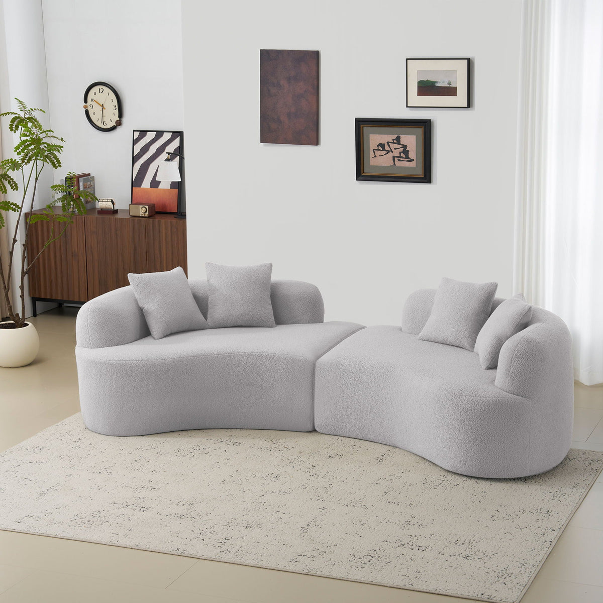 Curved 4 Seater Full Compression Sponge Sofa with Soft Upholstery - White or Gray