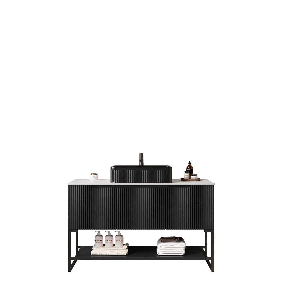 48-Inch Bathroom Vanity with Ceramic Sink and Storage - White & Black
