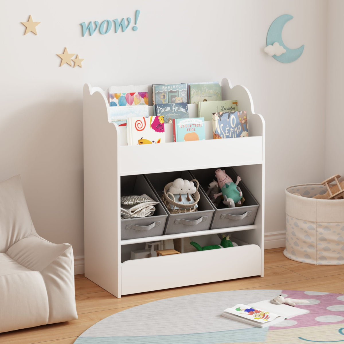 Bookshelf With Storage Bins and Drawer – Multi Functional Book Organizer for Toddlers - White