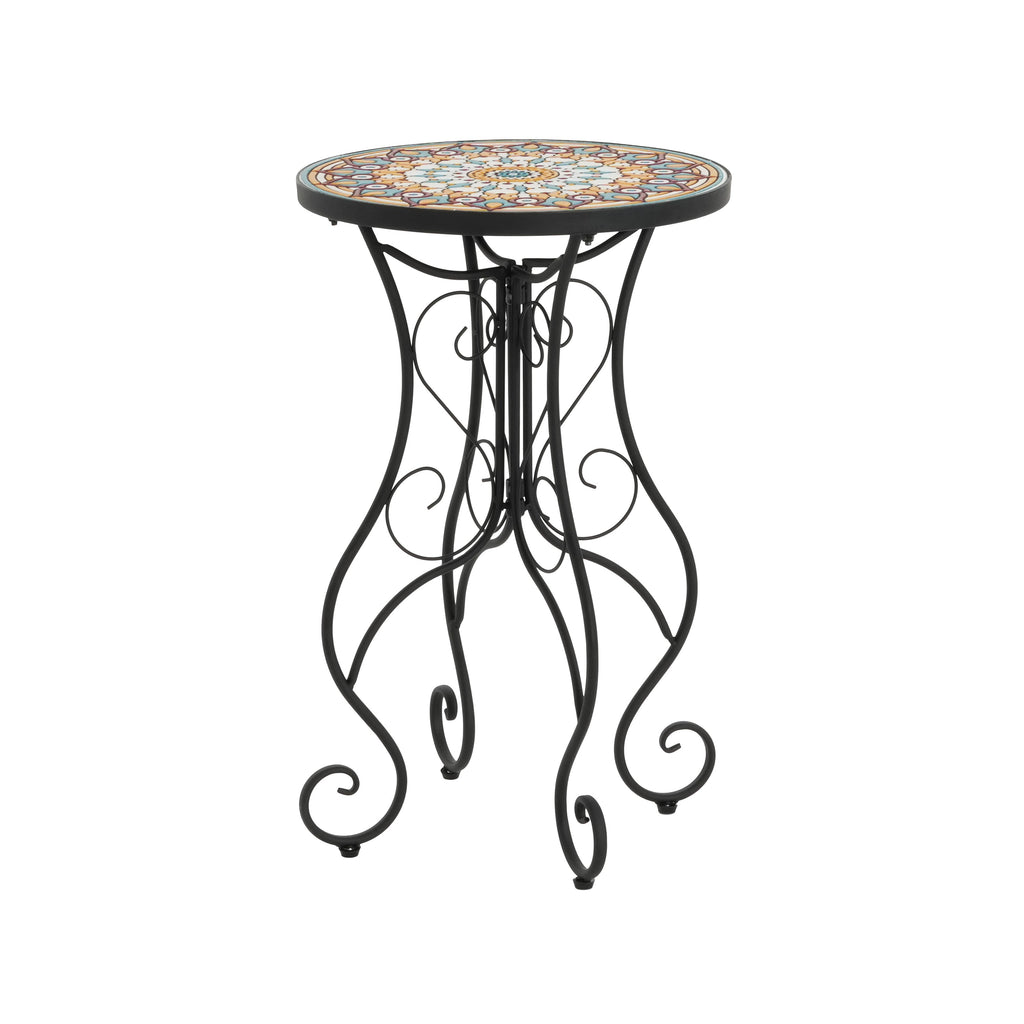 Round Ceramic Outdoor Side Table with Colorful Tile Top - Black