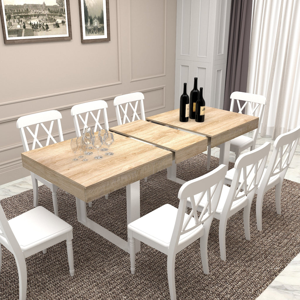 Extendable Dining Room Table with Retractable Design - Oak Grain/White