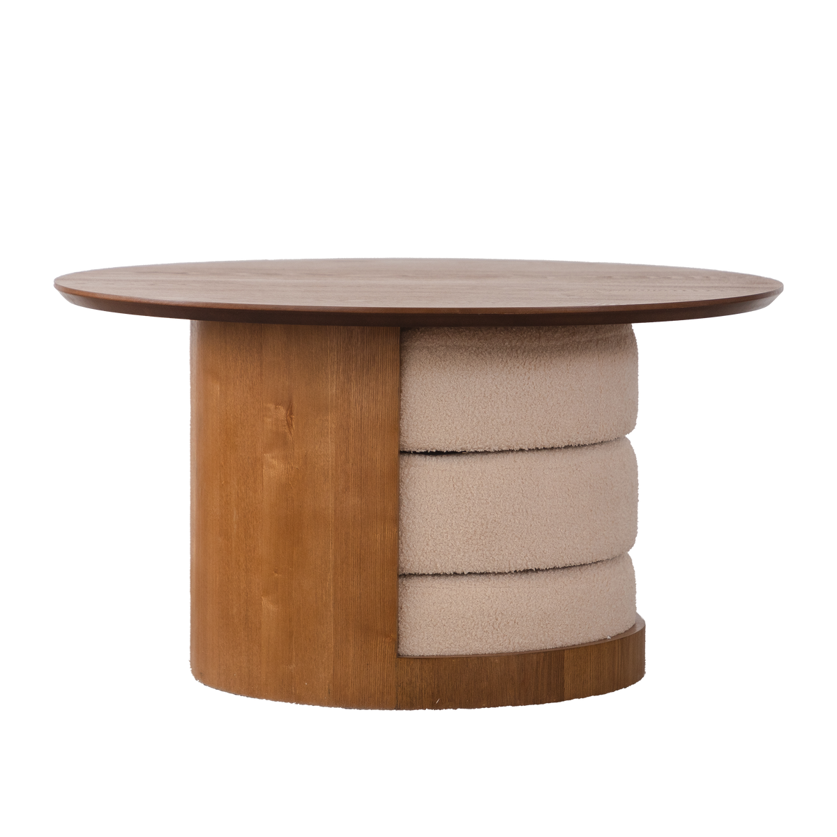 31.5" Round Wood Coffee Table with 3 Teddy Fabric Nesting Stools - Walnut