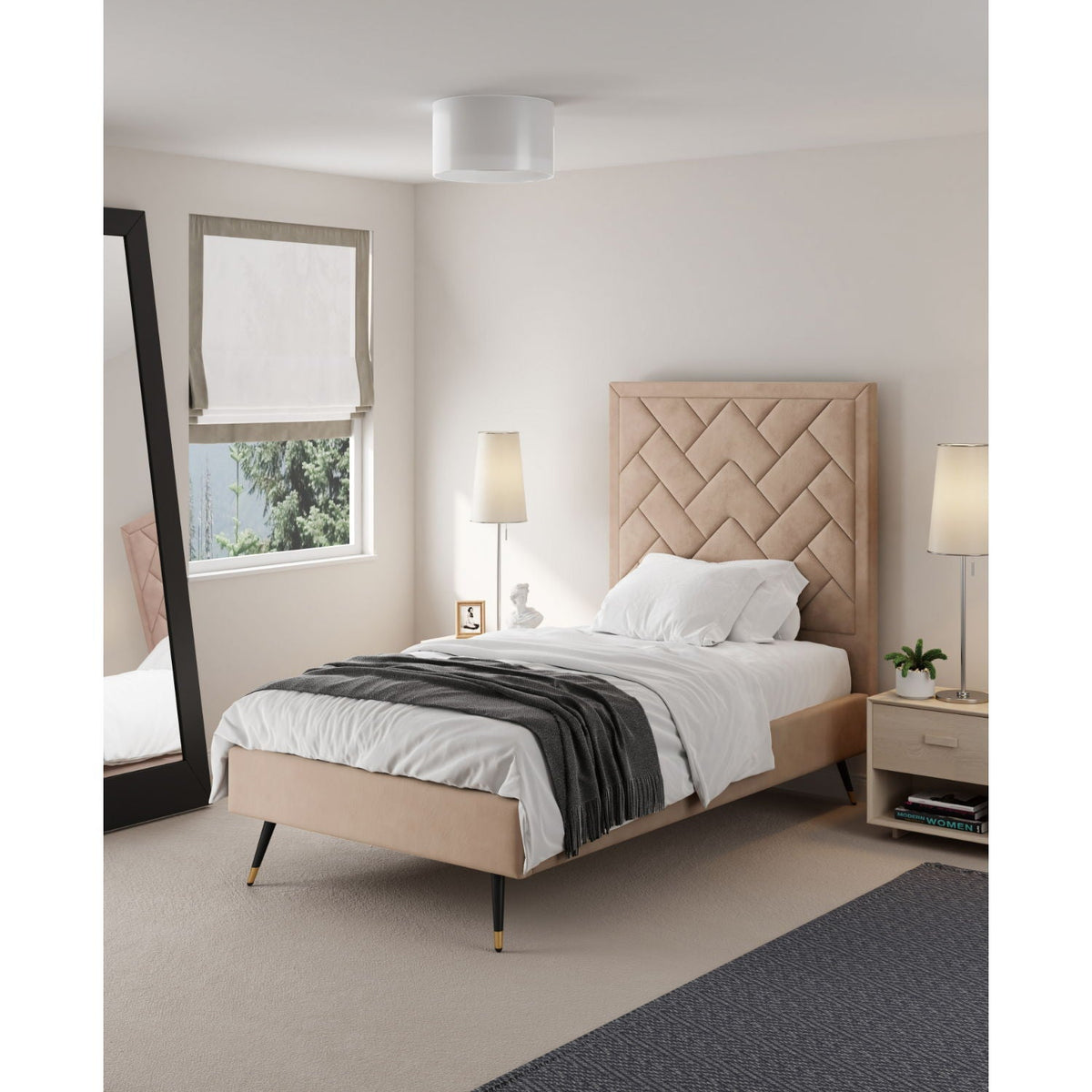 Upholstered Bed with Headboard and Slats - Multiple Colors