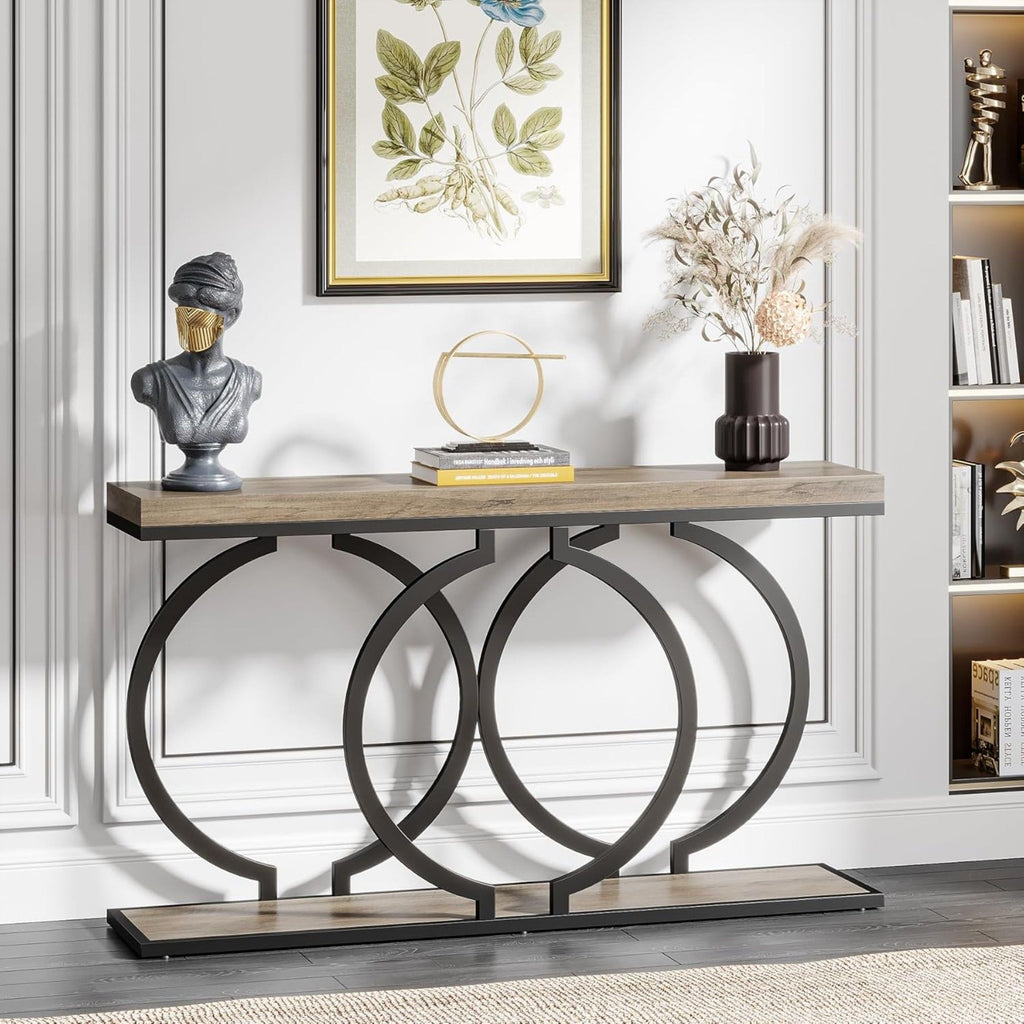 Narrow Long Console Table with Geometric Frame - Gray