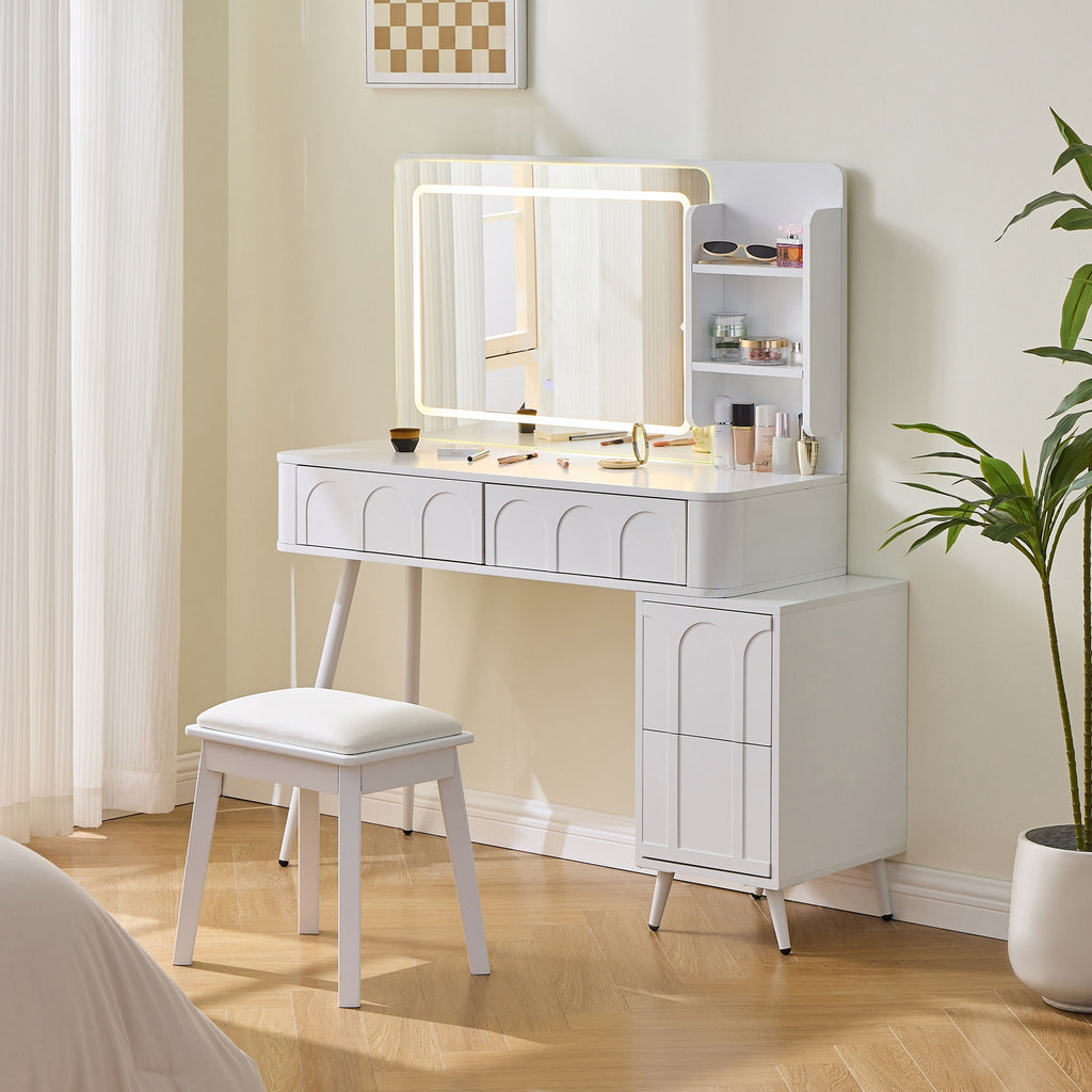 Modern Makeup Vanity Desk with LED Lights and 4 Drawers - White