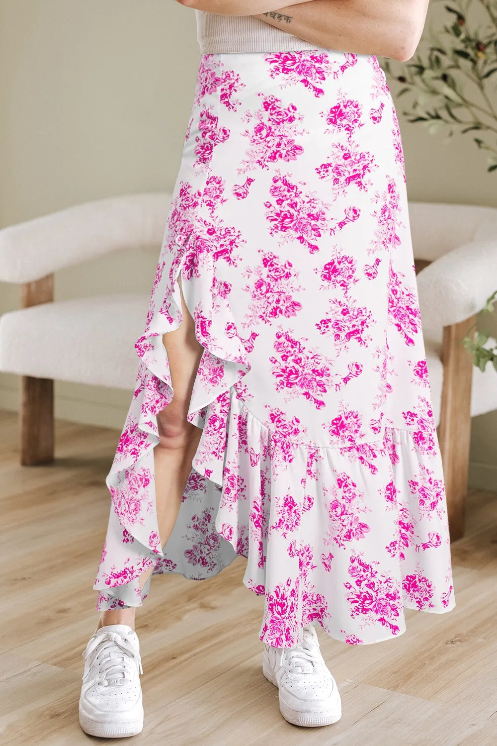 Boho Floral High Waist Ruffle Split Maxi Skirt
