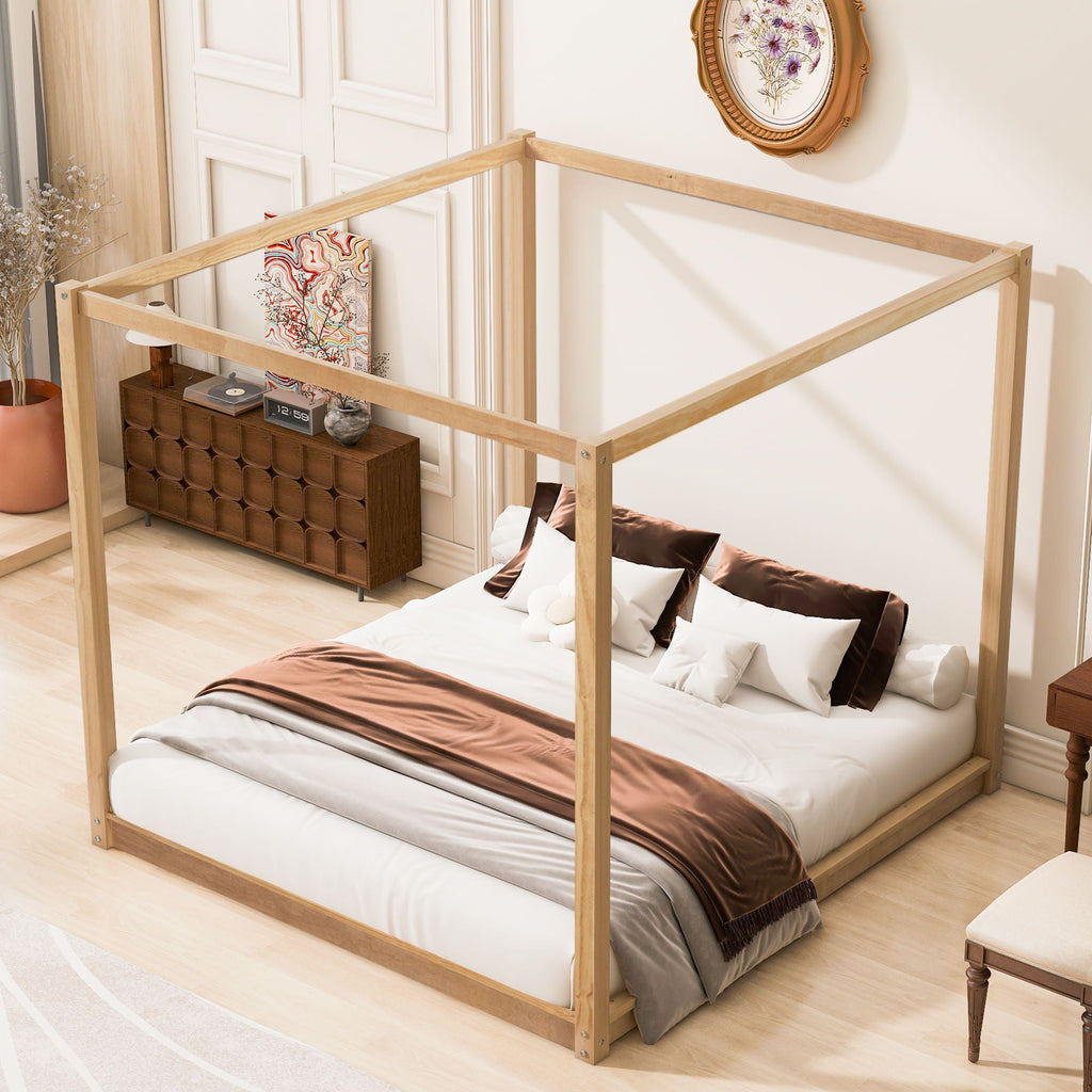 Wood Canopy Platform Bed with Airflow Slats and Support Legs - White or Light Brown