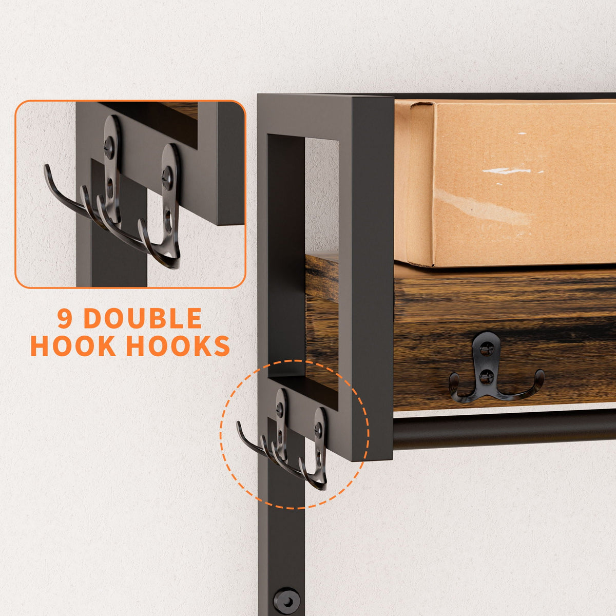 Rustic Brown Hall Tree With 2 Movable Drawers