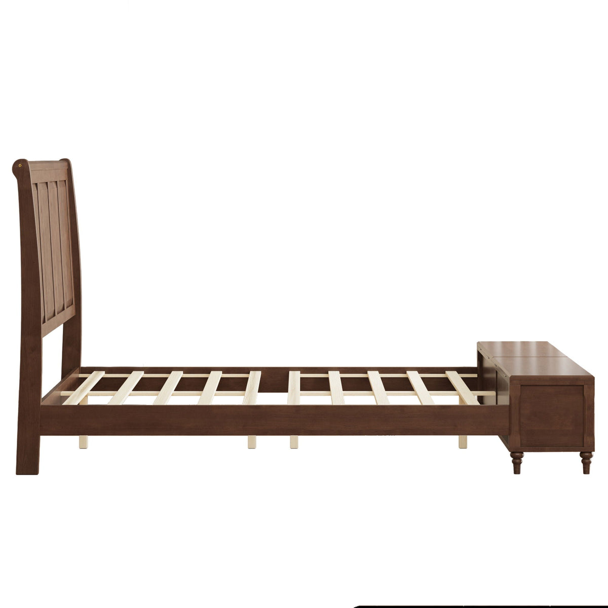 Sleigh Bed Frame with Tall Headboard and Storage Bench - Dark or Light Brown