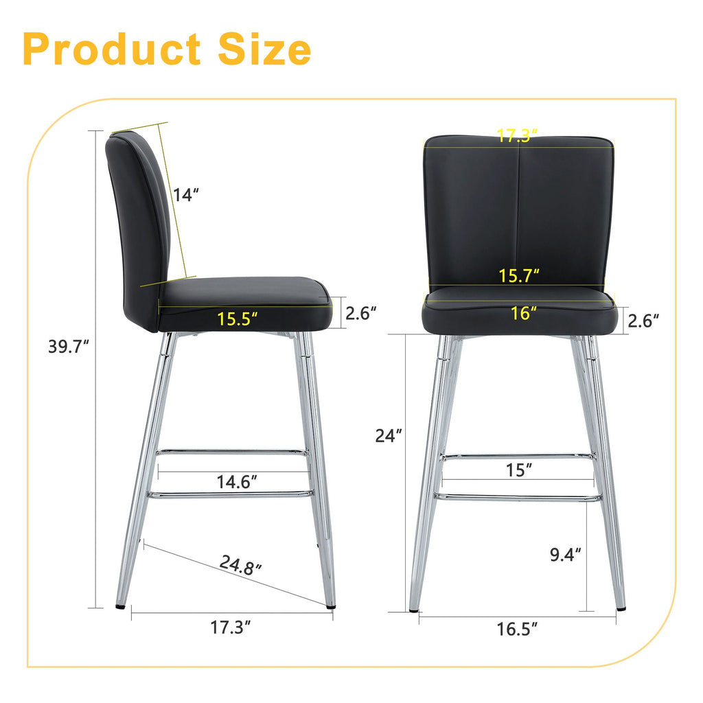 Modern Bar Chair Set with Streamlined Backrest and Metal Legs - Black/Silver