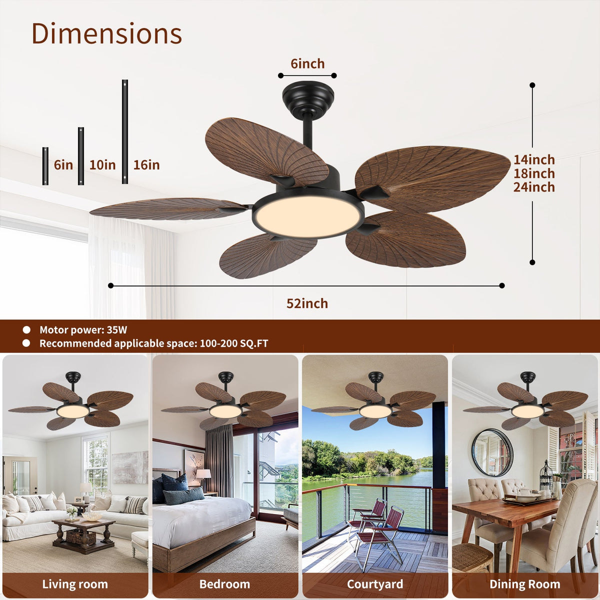 52-Inch Tropical Palm Leaf Ceiling Fan with Lights & Remote Control - Iron