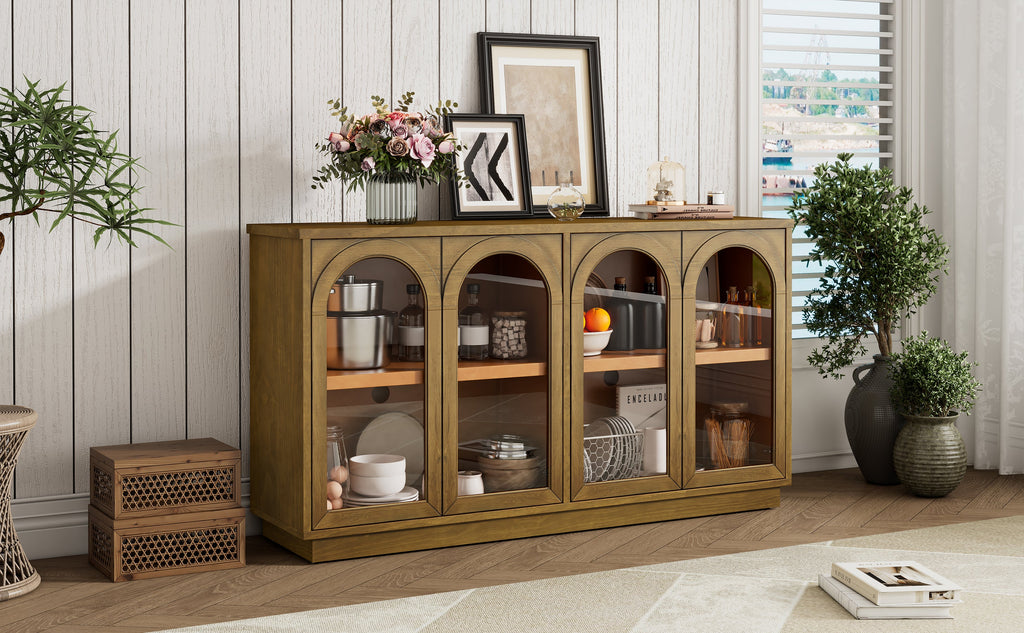Large Storage Buffet Cabinet with Glass Doors - 4-Door Server, MDF & Pine Wood