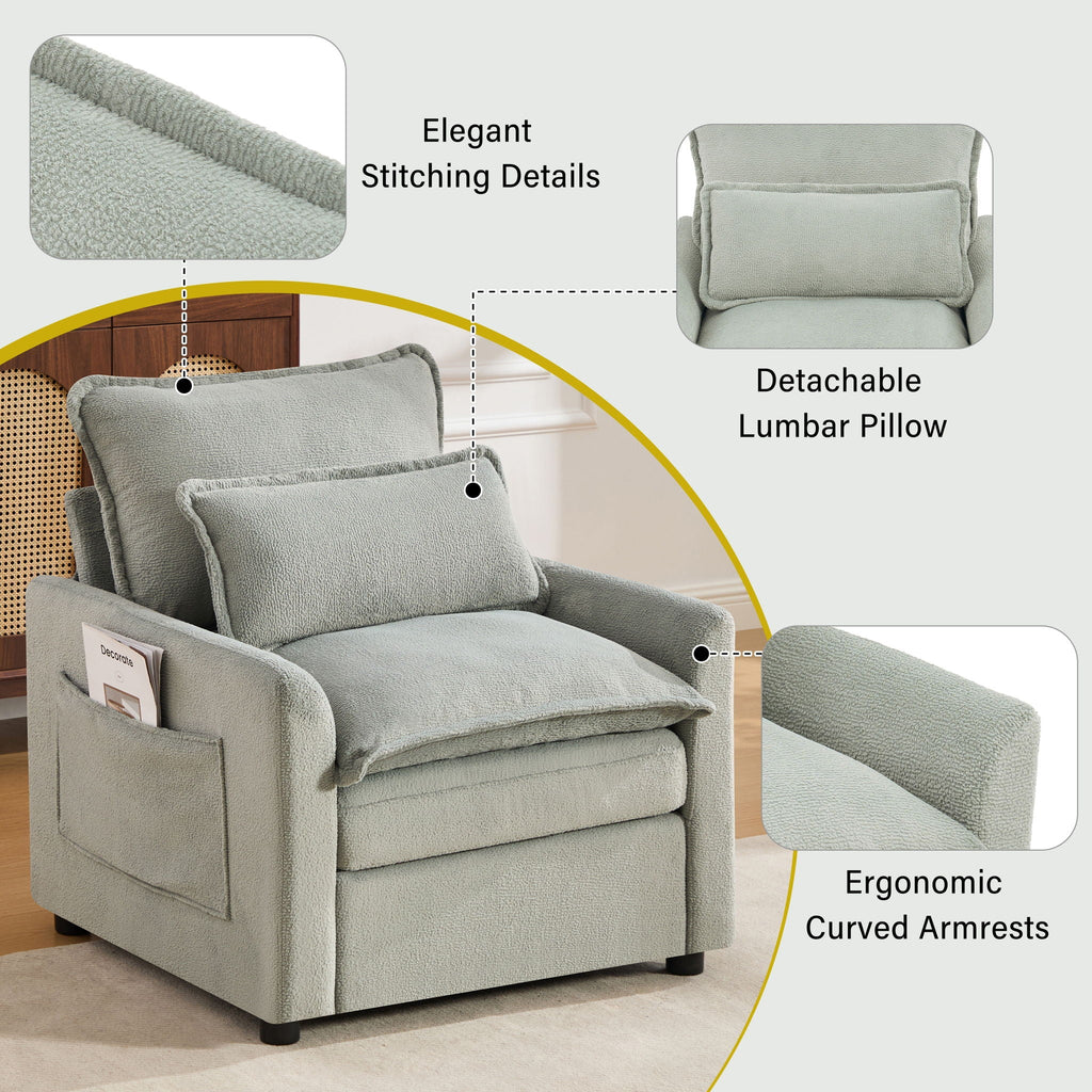 Modern Single Seat Accent Chair with Side Storage Pockets - Multiple Colors