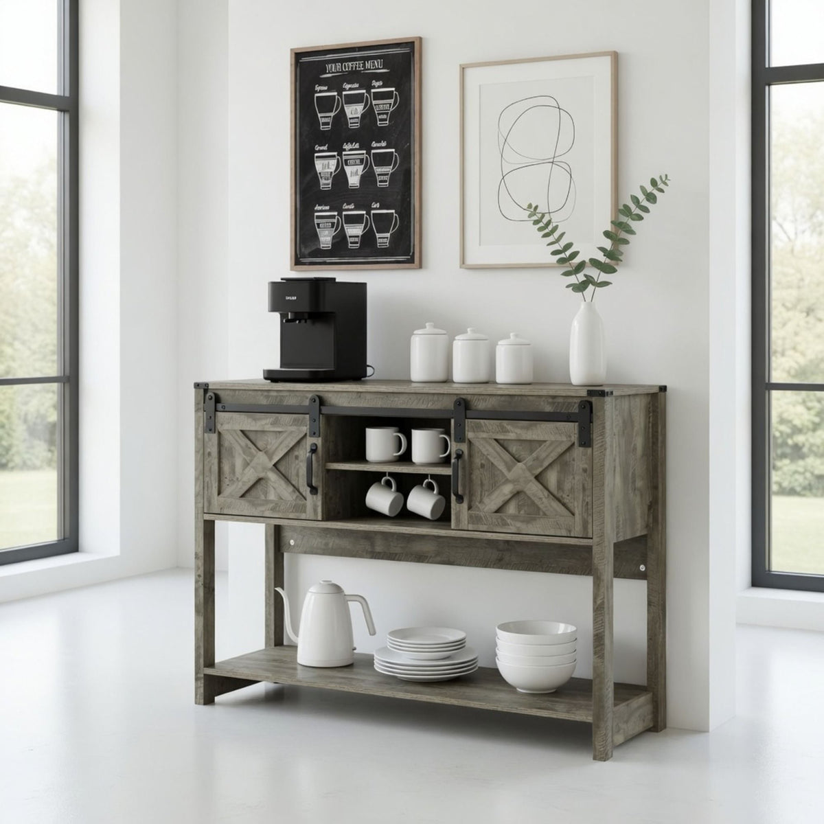 Farmhouse Entryway Table with Sliding Barn Door - Gray, Dark Gray, White, Black