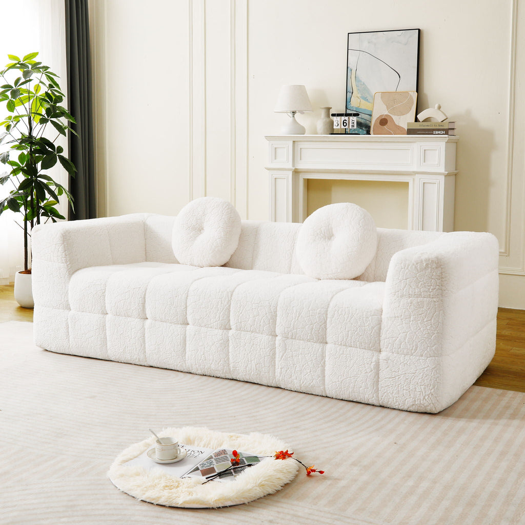 Beige 3 Seater Sofa with Circular Throw Pillows - Lychee-Textured Polyester